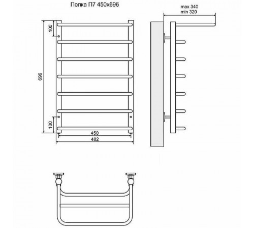 Водяной полотенцесушитель Terminus Полка П7 450x696 4670030723154 с полкой Хром