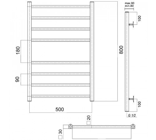 Водяной полотенцесушитель Domoterm Квадро П8 500x800 Хром