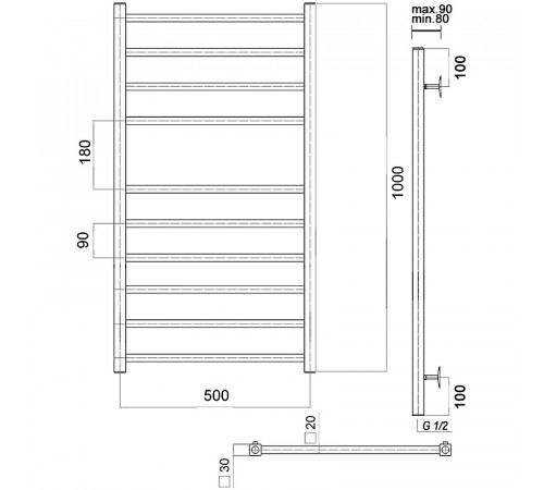 Водяной полотенцесушитель Domoterm Квадро П10 500x1000 Хром