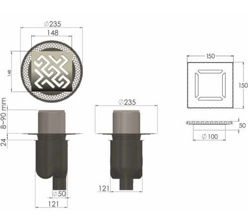 Душевой трап Berges Platz Antik 150x150 091061 с решеткой Хром