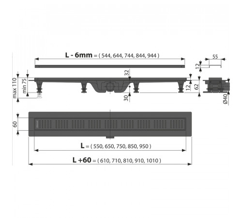 Душевой лоток Alcaplast AG101101550 (APZ10BLACK-550M) с Черной матовой решеткой