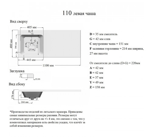 Раковина Orange 110 L ST-110RAL на стиральную машину Белая