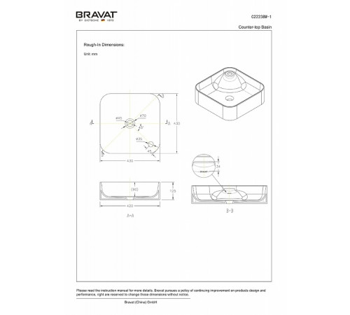 Раковина-чаша Bravat Source 43 C22238W-1-ENG Белая