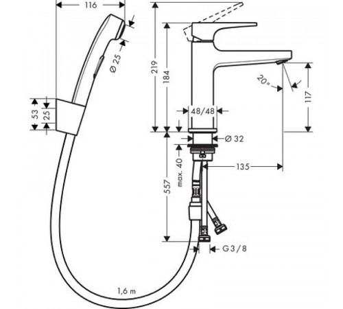 Смеситель для раковины Hansgrohe Metropol 74522000 с гигиеническим душем Хром