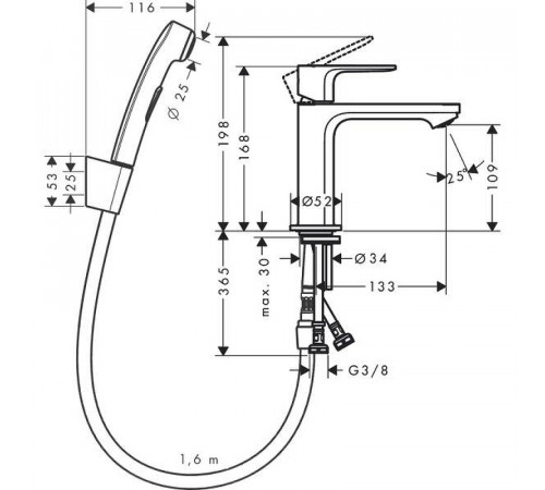 Смеситель для раковины Hansgrohe Rebris S 72215670 с гигиеническим душем Черный матовый