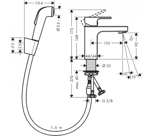 Смеситель для раковины Hansgrohe Vernis Shape 71216000 с гигиеническим душем Хром