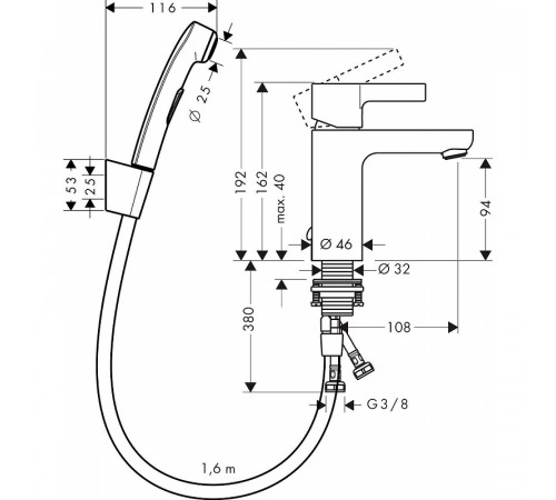 Смеситель для раковины Hansgrohe Metris S 31160000 с гигиеническим душем Хром