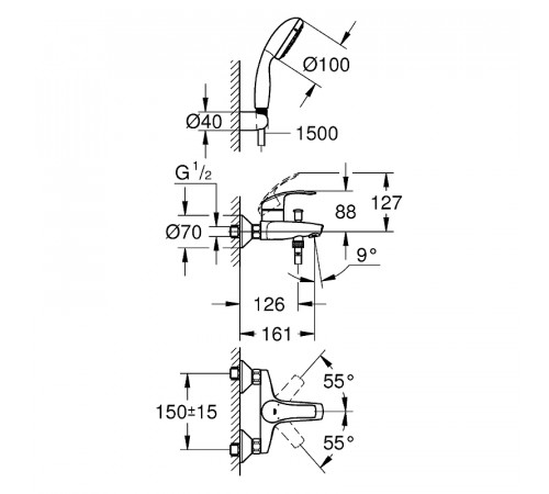 Смеситель для ванны Grohe Eurosmart 3330220A Хром