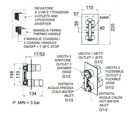 Смеситель для душа Remer Qubica Thermo QT937 с термостатом Хром