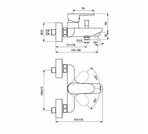 Смеситель для ванны Ideal Standard Cerafine Model O BC500AA Хром