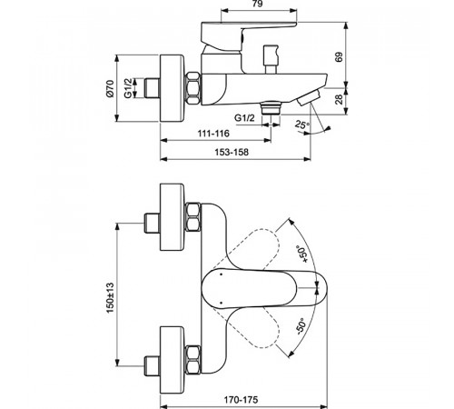 Смеситель для ванны Ideal Standard Tyria BC157HS Черный матовый Хром