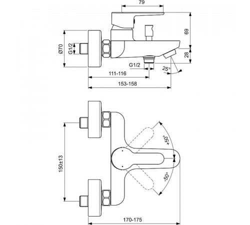 Смеситель для ванны Ideal Standard Sesia BC208AA Хром