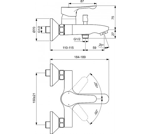 Смеситель для ванны Ideal Standard Dot 2.0 BC326AA Хром