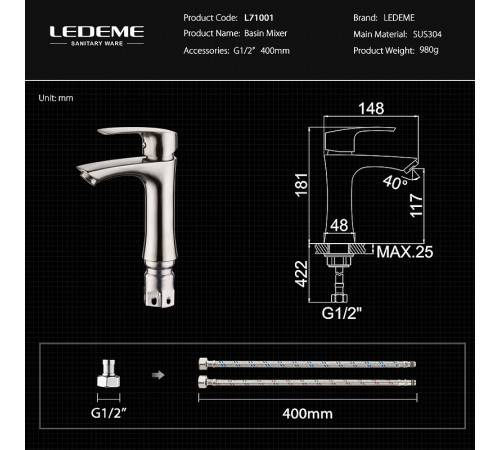 Смеситель для раковины Ledeme 71001L Нержавеющая сталь