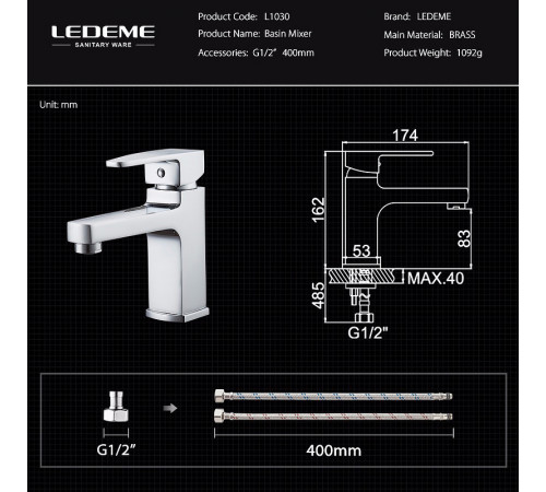 Смеситель для раковины Ledeme H30 1030L Хром