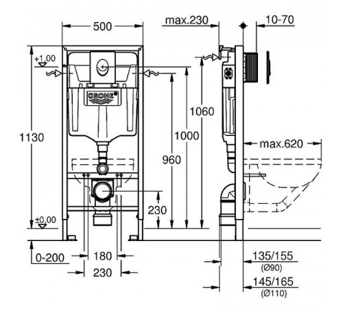 Комплект унитаза BelBagno Amanda BB051CHR+BB051SC с инсталляцией Grohe Rapid SL 38721001 с сиденьем Микролифт и клавишей смыва Хром