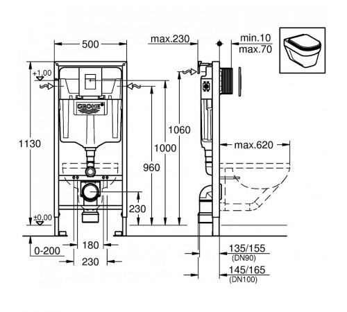 Комплект унитаза BelBagno Amanda BB051CHR+BB051SC с инсталляцией Grohe Rapid SL 38811KF0 с сиденьем Микролифт и Черной матовой клавишей смыва