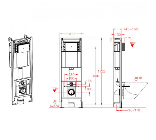 Комплект унитаза WellWant Aura WWU01121WK с инсталляцией D&K DI8540116 с сиденьем Микролифт и Черной клавишей смыва