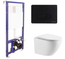 Комплект унитаза WellWant Aura WWU01121WK с инсталляцией Berges Novum D5 040235 с сиденьем Микролифт и Черной матовой клавишей смыва