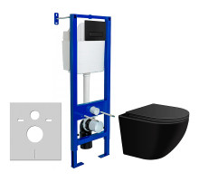 Комплект унитаза WellWant Aura WWU01122B с инсталляцией Berges Atom 410 040340 с сиденьем Микролифт и Черной матовой клавишей смыва