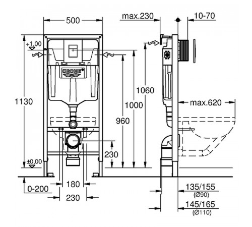 Комплект унитаза Owl 1975 Vind Cirkel-H TOWLT190302 с инсталляцией Grohe Rapid SL 38772001 с сиденьем Микролифт и клавишей смыва Хром