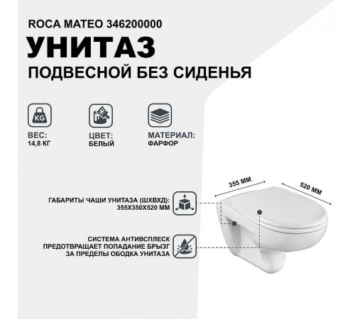 Унитаз Roca Mateo 346200000 подвесной без сиденья