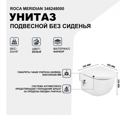 Унитаз Roca Meridian 346248000 подвесной без сиденья