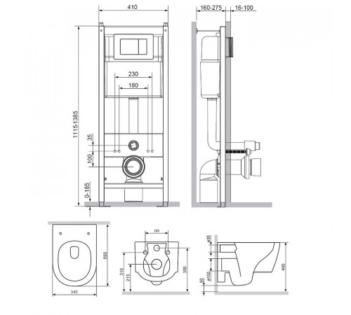 Комплект унитаза с инсталляцией Damixa Jupiter DX77.IS10151.1700 с сиденьем Микролифт и клавишей смыва Хром глянцевый