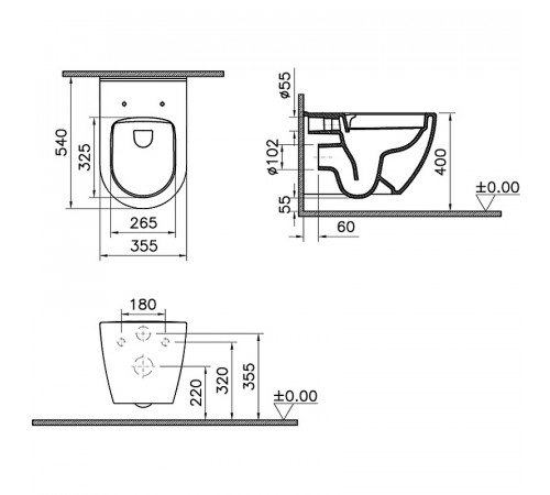 Комплект унитаза с инсталляцией Vitra Mia Round SmoothFlush 9856B003-7200 с сиденьем Микролифт и клавишей смыва Хром матовый