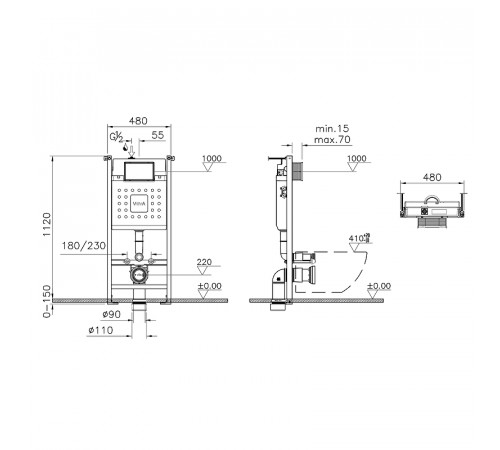 Комплект унитаза с инсталляцией Vitra Mia Round SmoothFlush 9856B003-7200 с сиденьем Микролифт и клавишей смыва Хром матовый