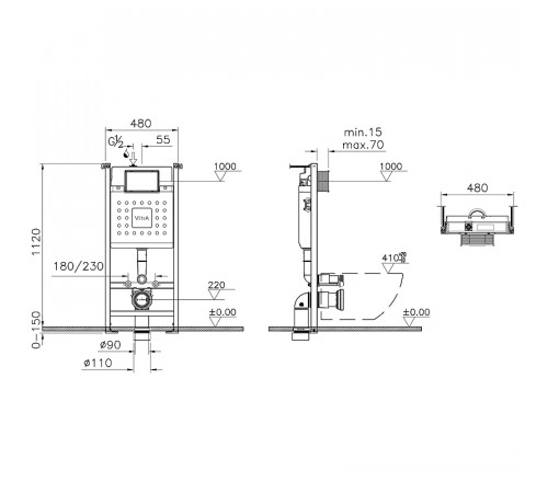 Комплект унитаза с инсталляцией Vitra S10 SpinFlush 9842B003-7206 с сиденьем Микролифт и клавишей смыва Хром глянцевый