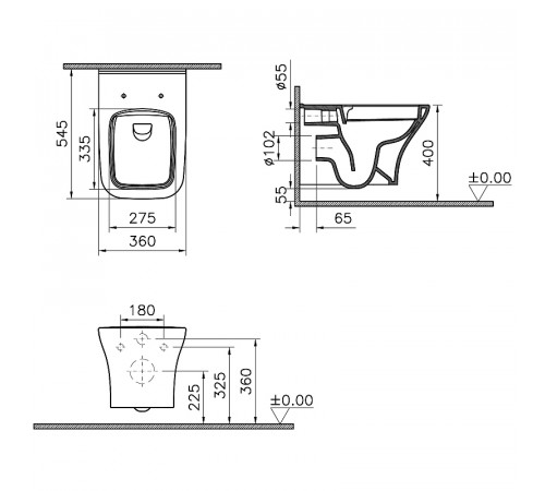 Комплект унитаза с инсталляцией Vitra Zentrum Square 9875B003-7201 с сиденьем Микролифт и клавишей смыва Хром глянцевый