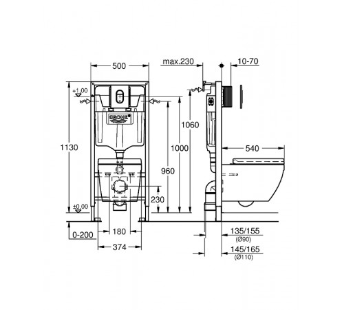 Комплект унитаза Grohe Euro Ceramic Solido 39536000 с инсталляцией с сиденьем Микролифт с клавишей Хром