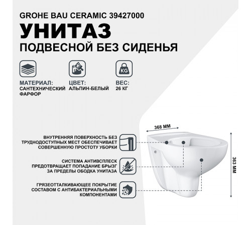 Унитаз Grohe Bau Ceramic 39427000 подвесной без сиденья