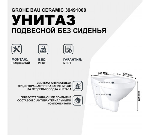 Унитаз Grohe Bau Ceramic 39491000 подвесной без сиденья