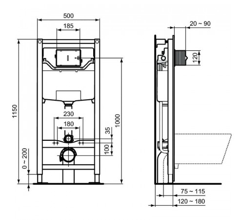 Комплект унитаза с инсталляцией Ideal Standard Tesi Aqua Blade TT00002/121A6 с сиденьем Микролифт и Черной матовой клавишей смыва