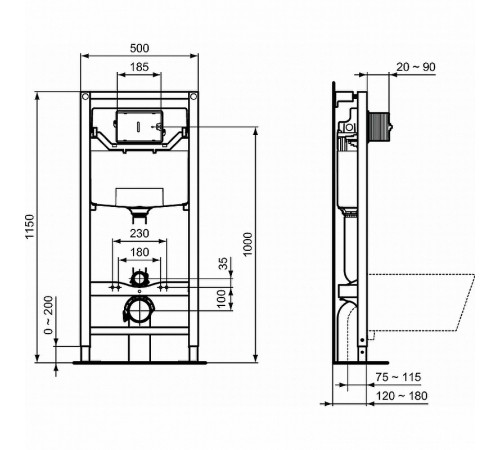 Комплект унитаза с инсталляцией Ideal Standard Tesi P3868V1 с сиденьем Микролифт и клавишей смыва Хром