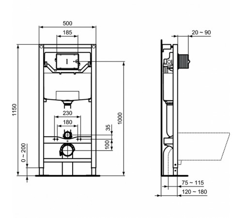 Комплект унитаза с инсталляцией Ideal Standard Tesi PR386801 с сиденьем Микролифт и клавишей смыва Хром