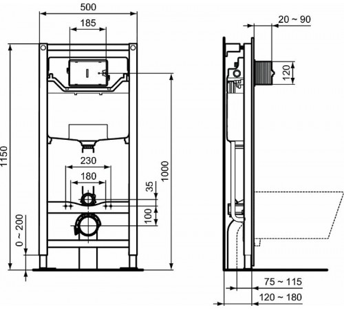 Комплект унитаза с инсталляцией Ideal Standard Eurovit Prosys K881201PT15 с сиденьем Микролифт без клавиши смыва