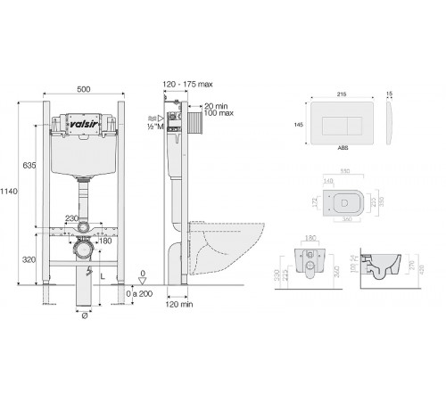 Комплект унитаза с инсталляцией Valsir Meg11Pro KIT VSBM 5486NEMT Slim P1 с сиденьем Микролифт и Черной матовой клавишей смыва