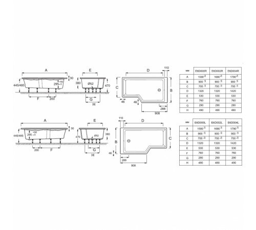 Акриловая ванна Jacob Delafon Bain Douche Neo 180x90 R E6D004R-00 без гидромассажа