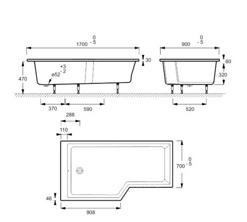 Акриловая ванна Jacob Delafon Bain Douche Neo 170x90 L E6D002L-00 без гидромассажа