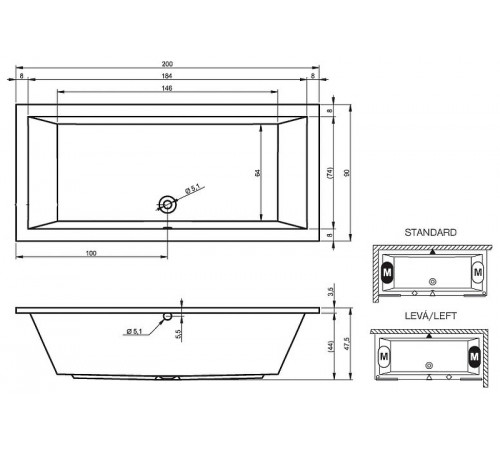 Акриловая ванна Riho Lusso 200x90 B016001005 (BA6000500000000) без гидромассажа