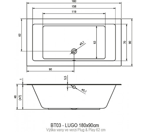 Акриловая ванна Riho Lugo 180х90 R B134014005 (BD6500500000000) без гидромассажа