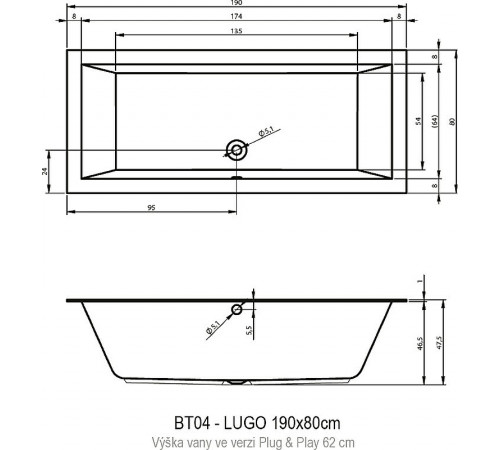 Акриловая ванна Riho Lugo 190х80 L B135015005 (BD6800500000000) без гидромассажа