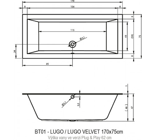 Акриловая ванна Riho Lugo 170х75 L B132016005 (BD6200500000000) без гидромассажа