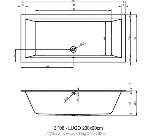 Акриловая ванна Riho Lugo 200х90 L B137015005 (BD7200500000000) без гидромассажа