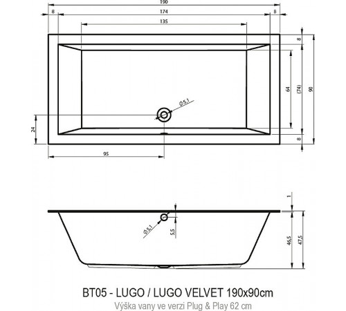 Акриловая ванна Riho Lugo 190х90 R B136014005 (BD6900500000000) без гидромассажа