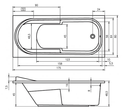 Акриловая ванна Riho Columbia 175x80 B003001005 (BA0400500000000) без гидромассажа