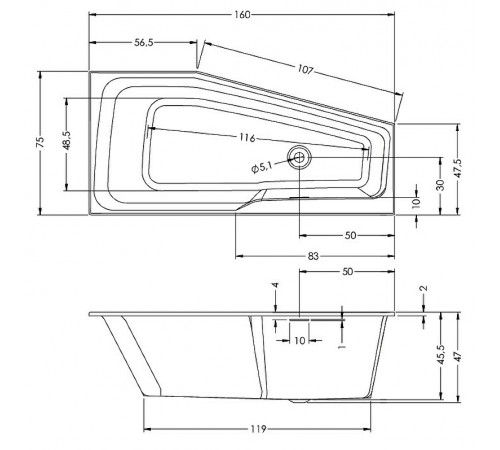 Акриловая ванна Riho Rething Space 160х75 L B112001005 (BR1400500000000) без гидромассажа